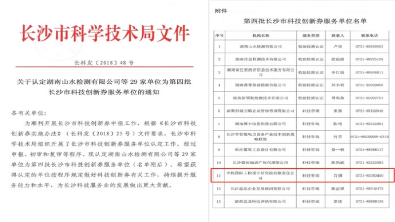 喜報：中機國際獲認定為長沙市科技創新券服務單位